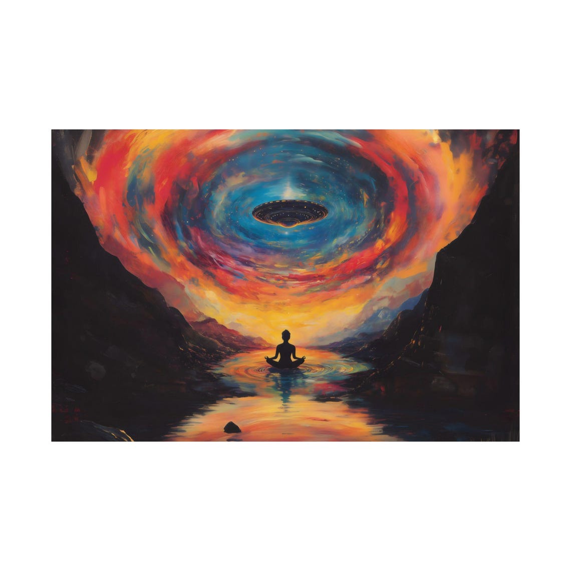 Lone Meditator Beneath UFO in Swirling Red Galaxy Canyon Poster - Image 3