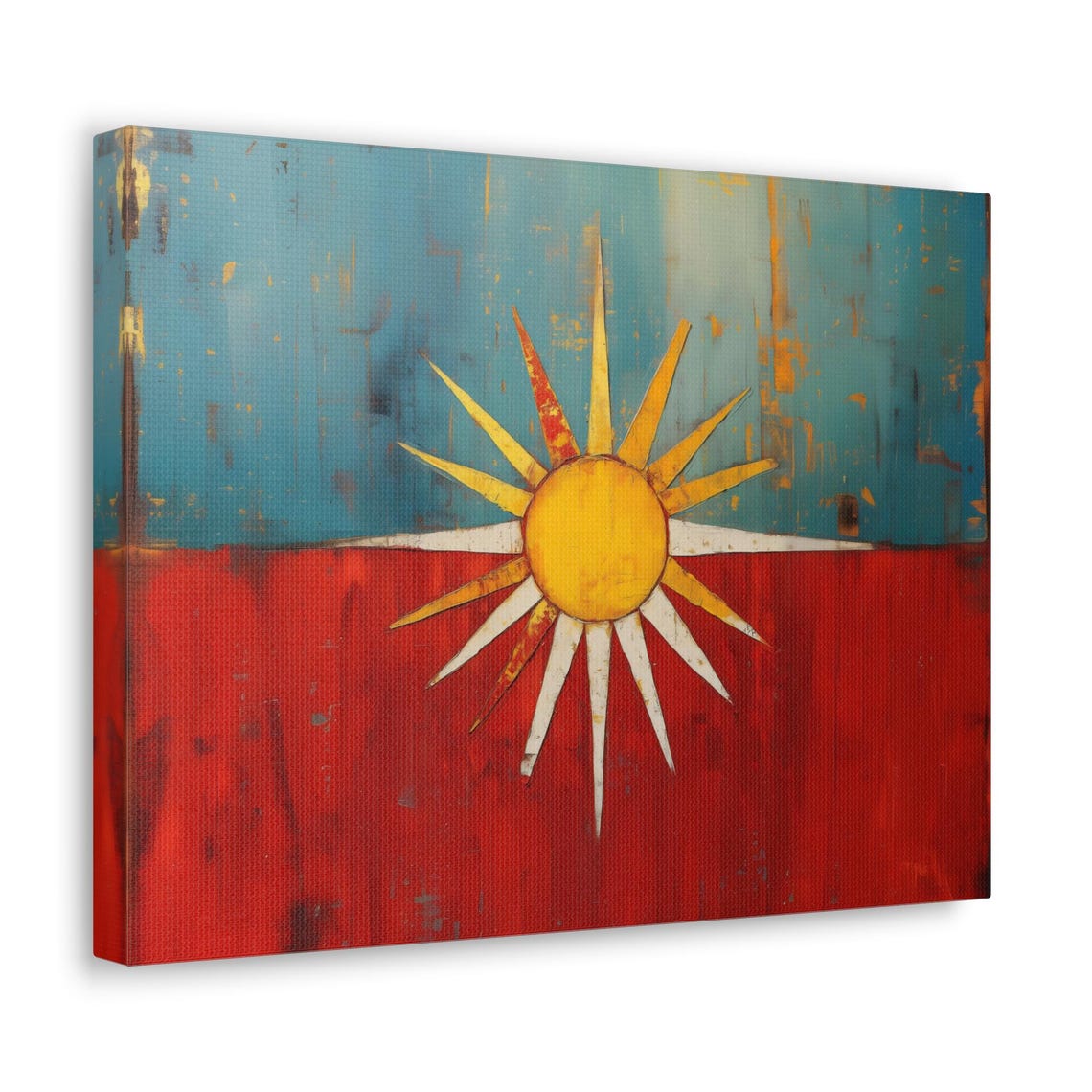 Distressed Vintage Sunburst Rustic Red Teal Boho Style Wall Art - Image 2