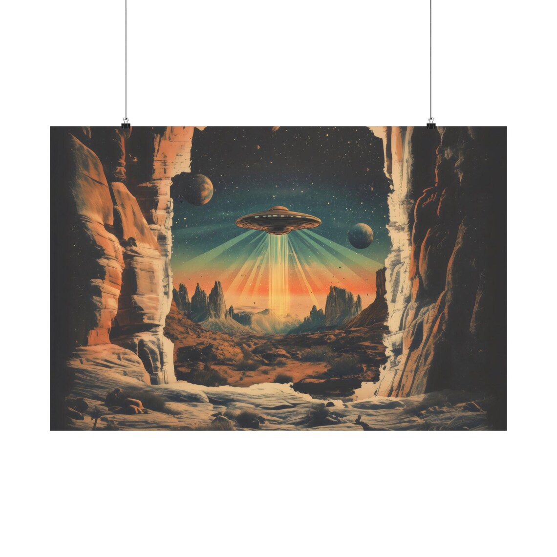 Desert Planet UFO Landing Art Print, Rustic Modern