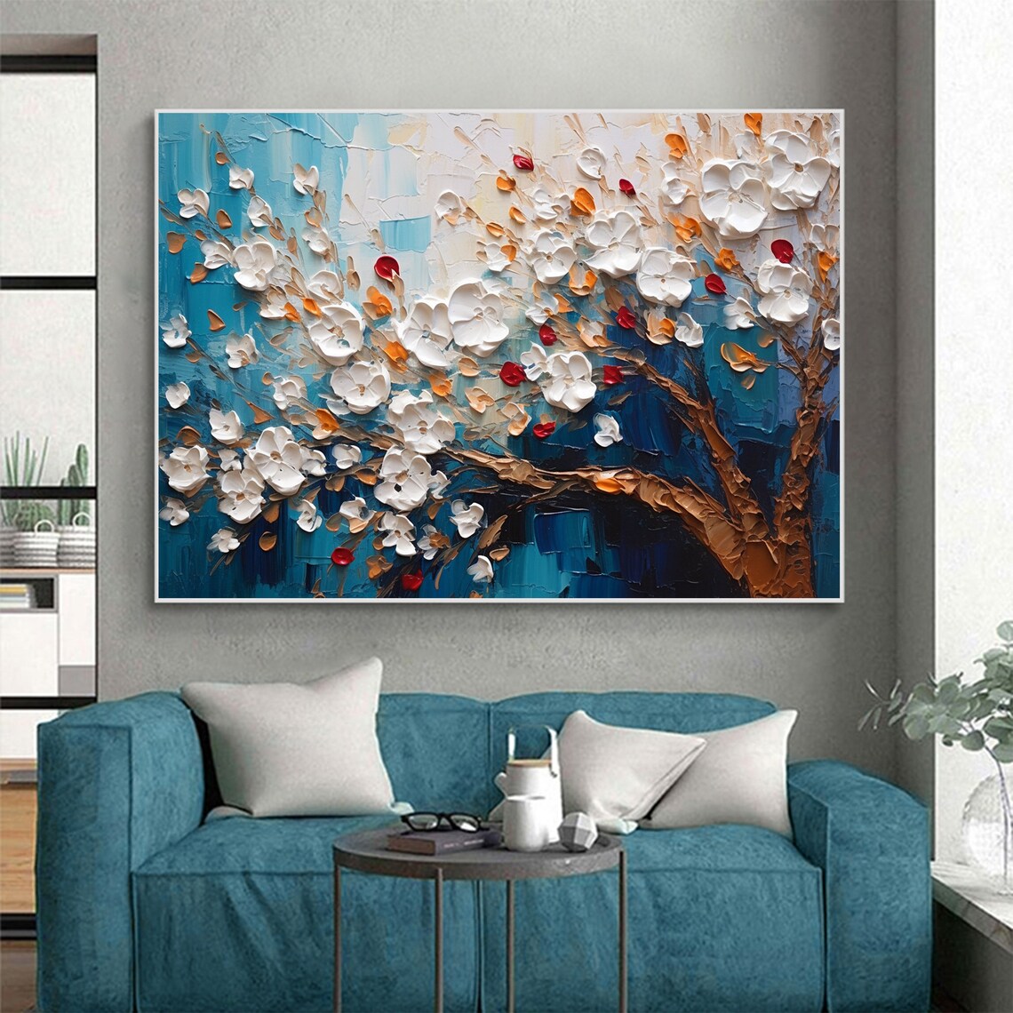 White Blossom Tree Impasto on Deep Blue Night Oil Painting Art Print - Image 2