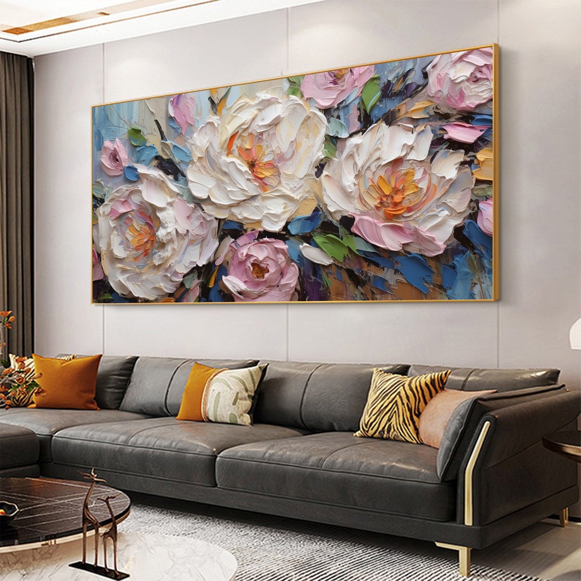 White Pink Impasto Peony Blooms Palette Knife Textured Floral Poster - Image 5