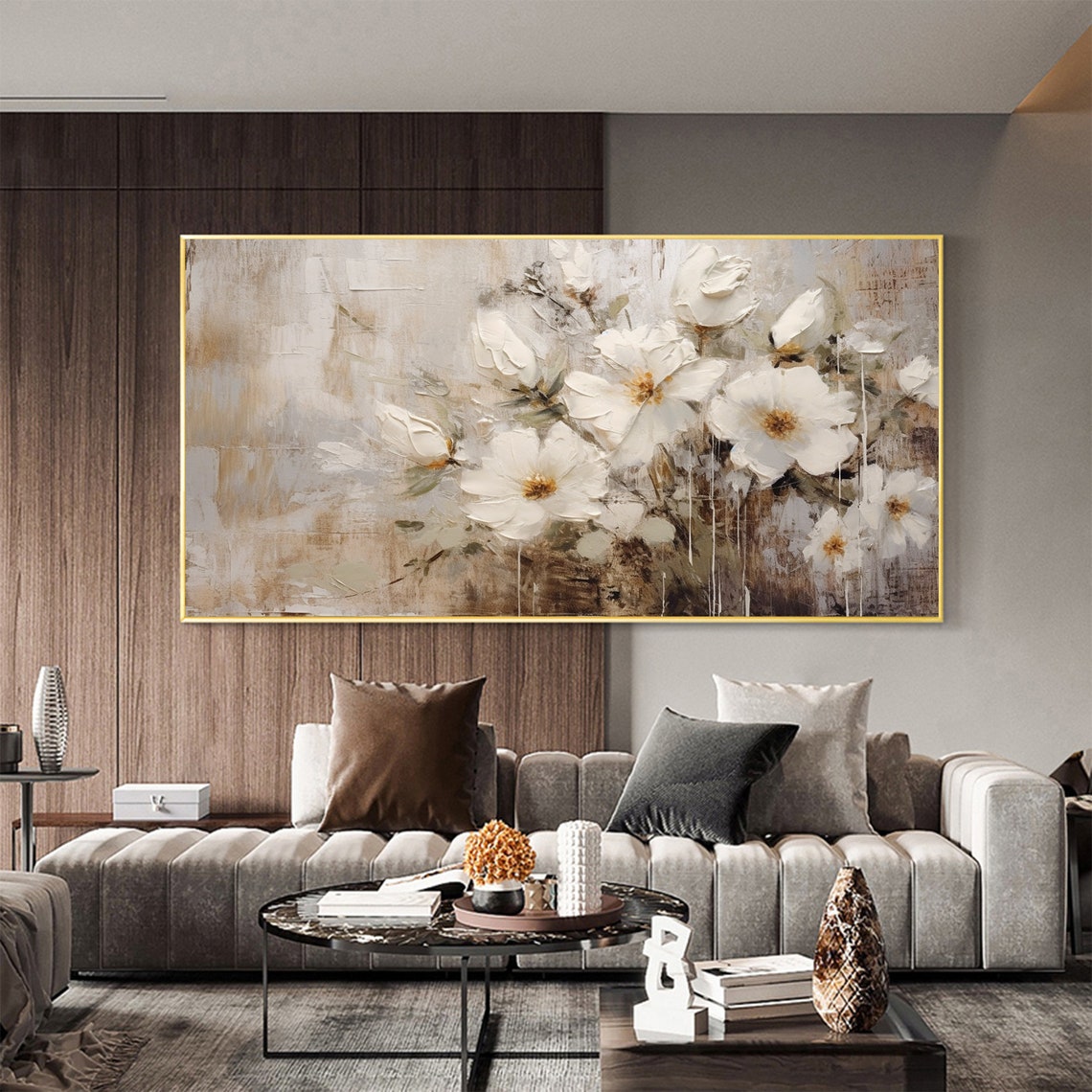 Soft White Blossoms on Beige Panoramic Oil Painting Art Print - Image 5