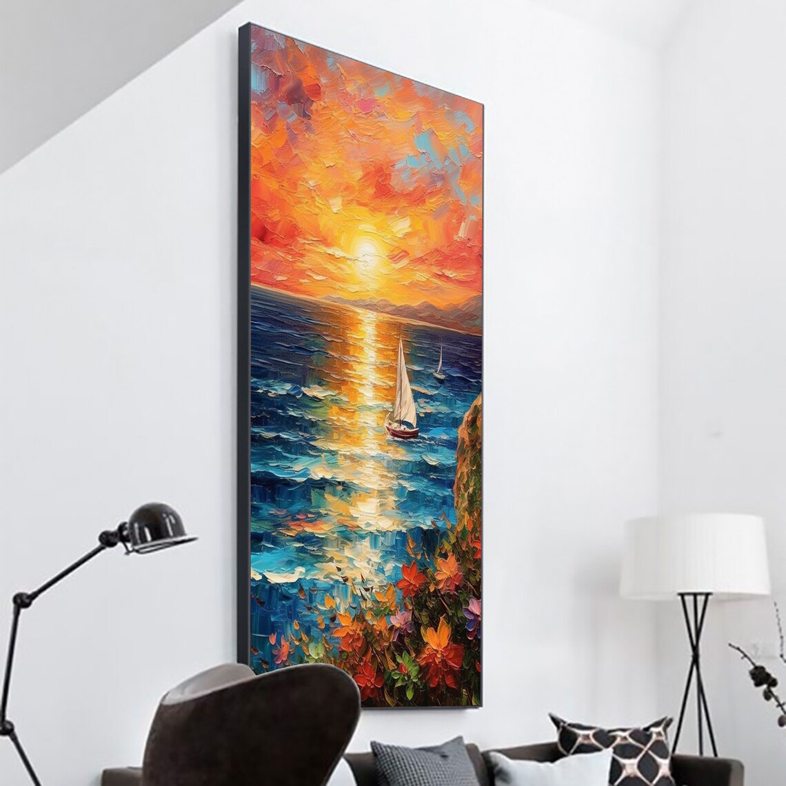 Sunset Sailboats Over Ocean Cliffs Vertical Oil Painting Art Print - Image 5