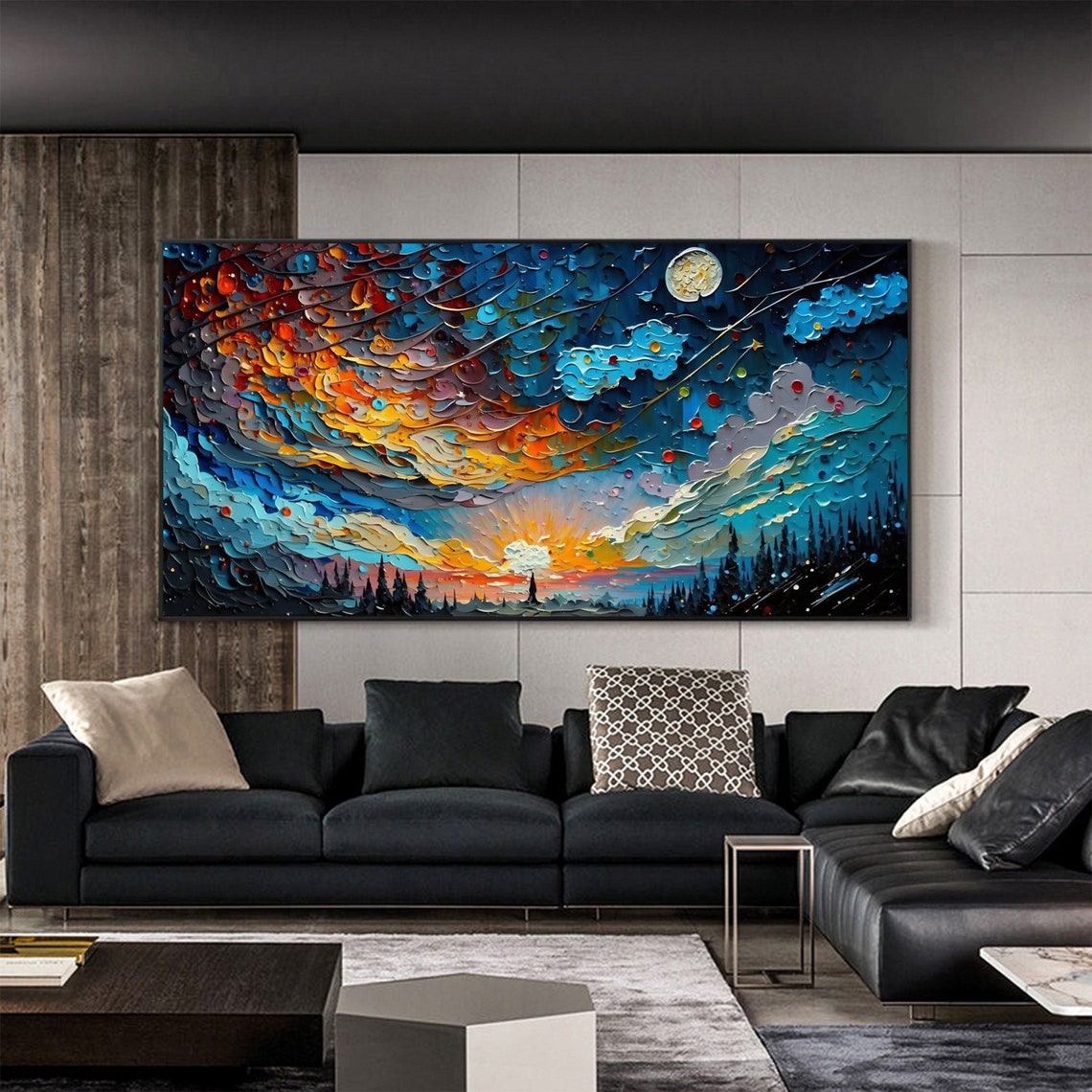 Moonlit Swirling Night Sky Over Dark Forest Sunset Impasto Oil Poster - Image 5