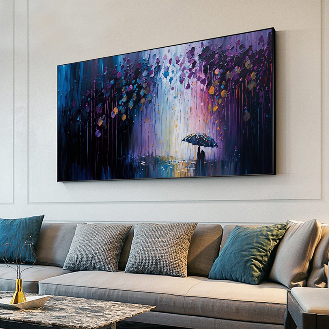 Umbrella Walker in Purple Night Rain Panoramic Oil Painting Art Print - Image 2
