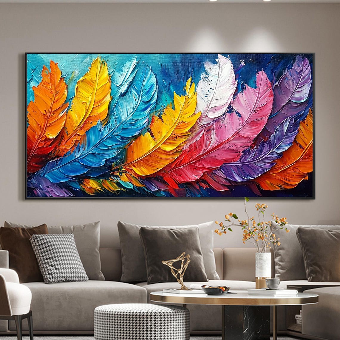 Vivid Rainbow Feather Collage Panoramic Oil Painting Art Print - Image 2