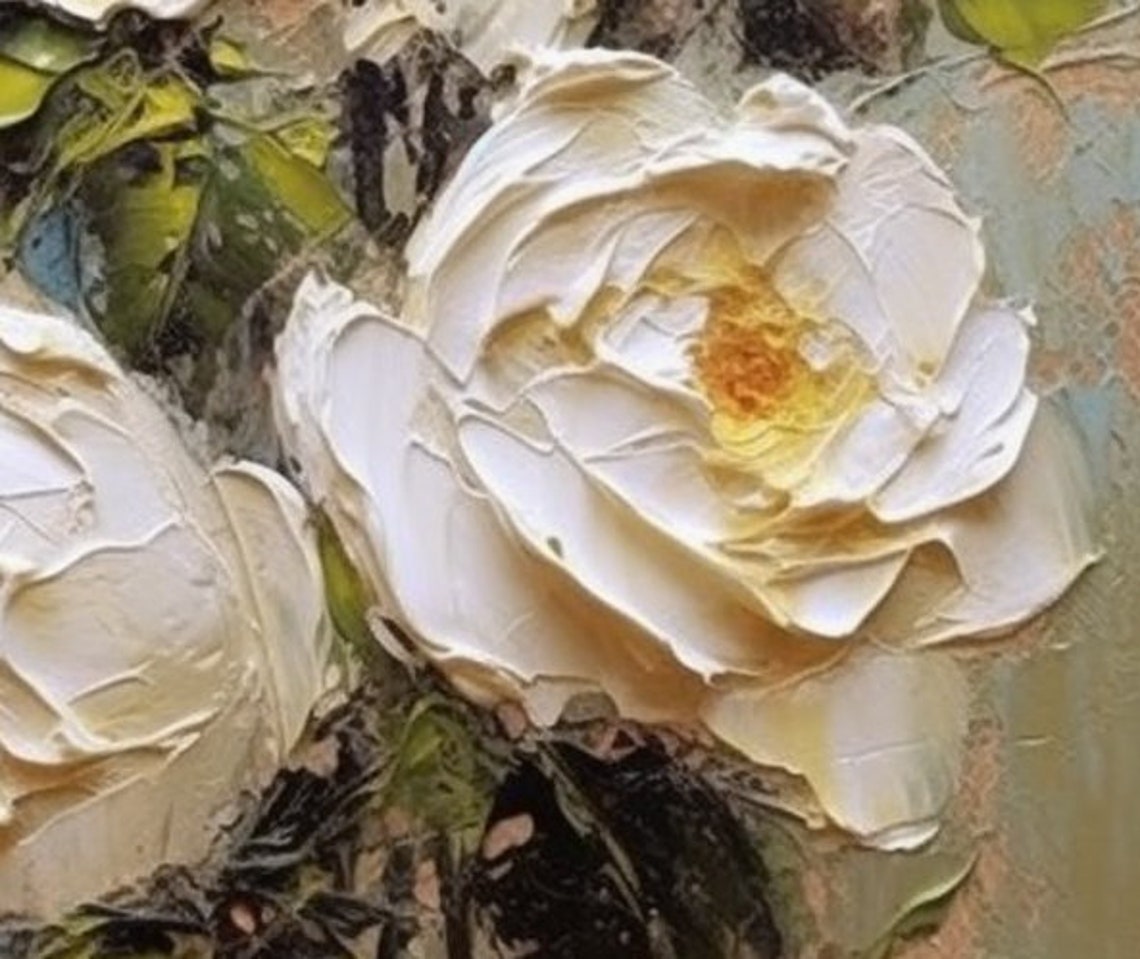 White Impasto Roses Blooming on Textured Blue Background Poster - Image 2