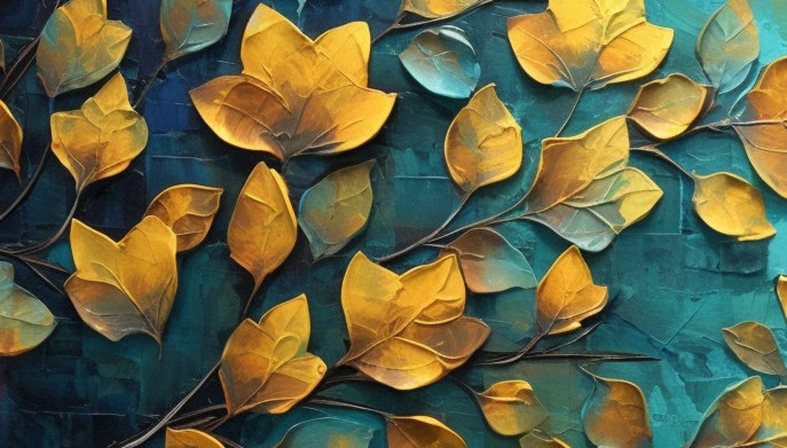 Golden Autumn Leaves Spreading Over Textured Teal Canvas Poster - Image 3