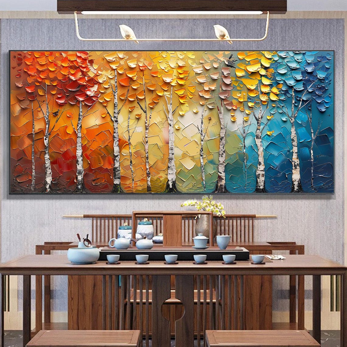 Four Seasons Birch Trees Colorful Leaves Knife Texture Poster - Image 3