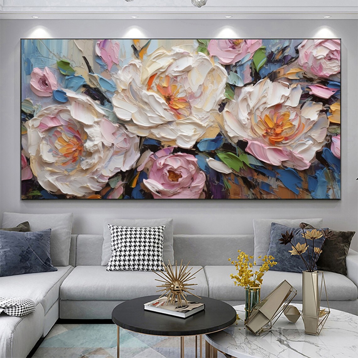 White Pink Impasto Peony Blooms Palette Knife Textured Floral Poster - Image 3