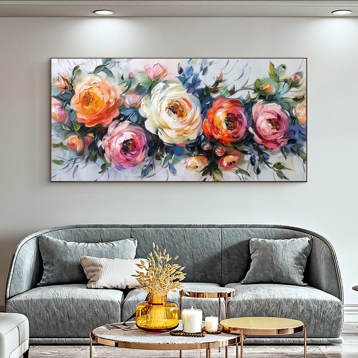 Bold Impasto Rose Bouquet on Teal Panoramic Oil Painting Art Print - Image 2