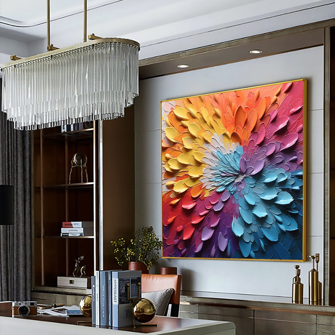 Rainbow Petal Burst 3D Palette Knife Textured Flower Abstract Poster - Image 3