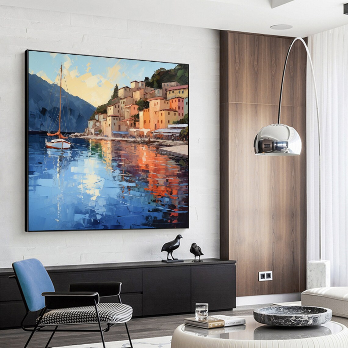 Mediterranean Coastal Town Sailboat Reflection Oil Painting Art Print - Image 4