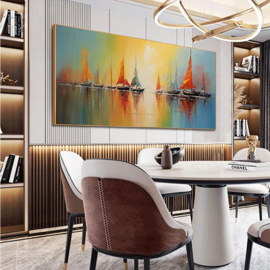 Sailboats at Sunrise Orange Sails Misty Harbor Morning Poster - Image 4