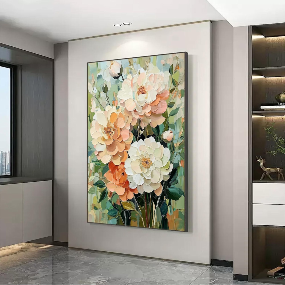 Peach White Peony Stems Garden Vertical Oil Painting Art Print - Image 3