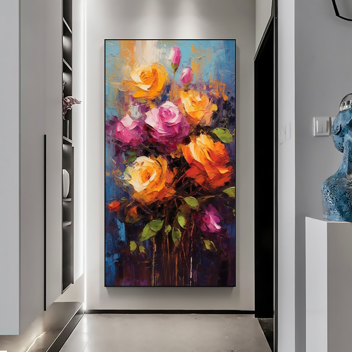 Fiery Orange Pink Roses Bouquet Vertical Oil Painting Art Print - Image 5
