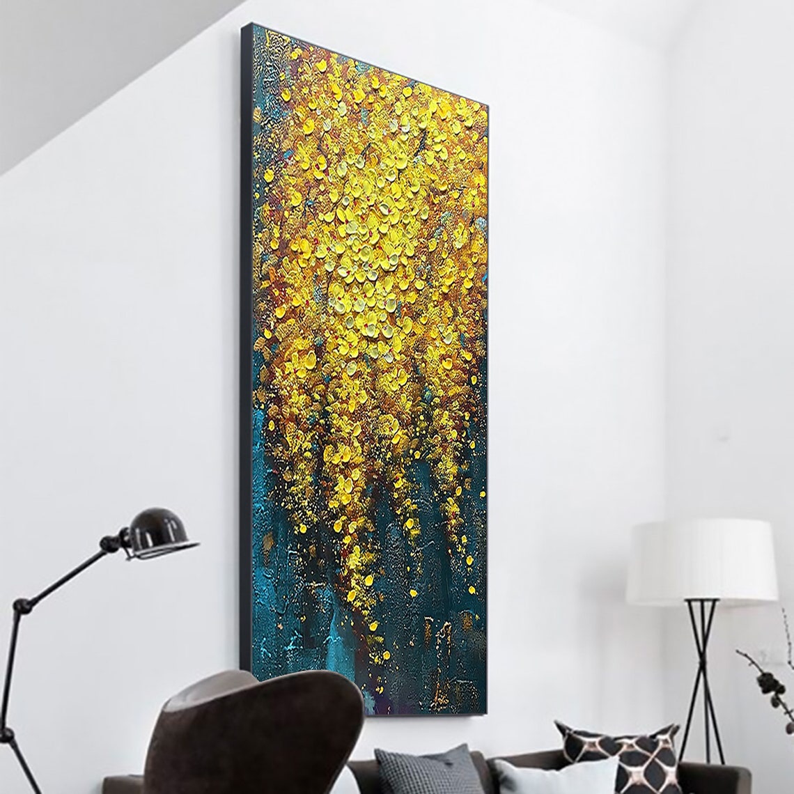 Cascading Golden Wisteria Blossoms Against Deep Teal Canvas Poster - Image 2