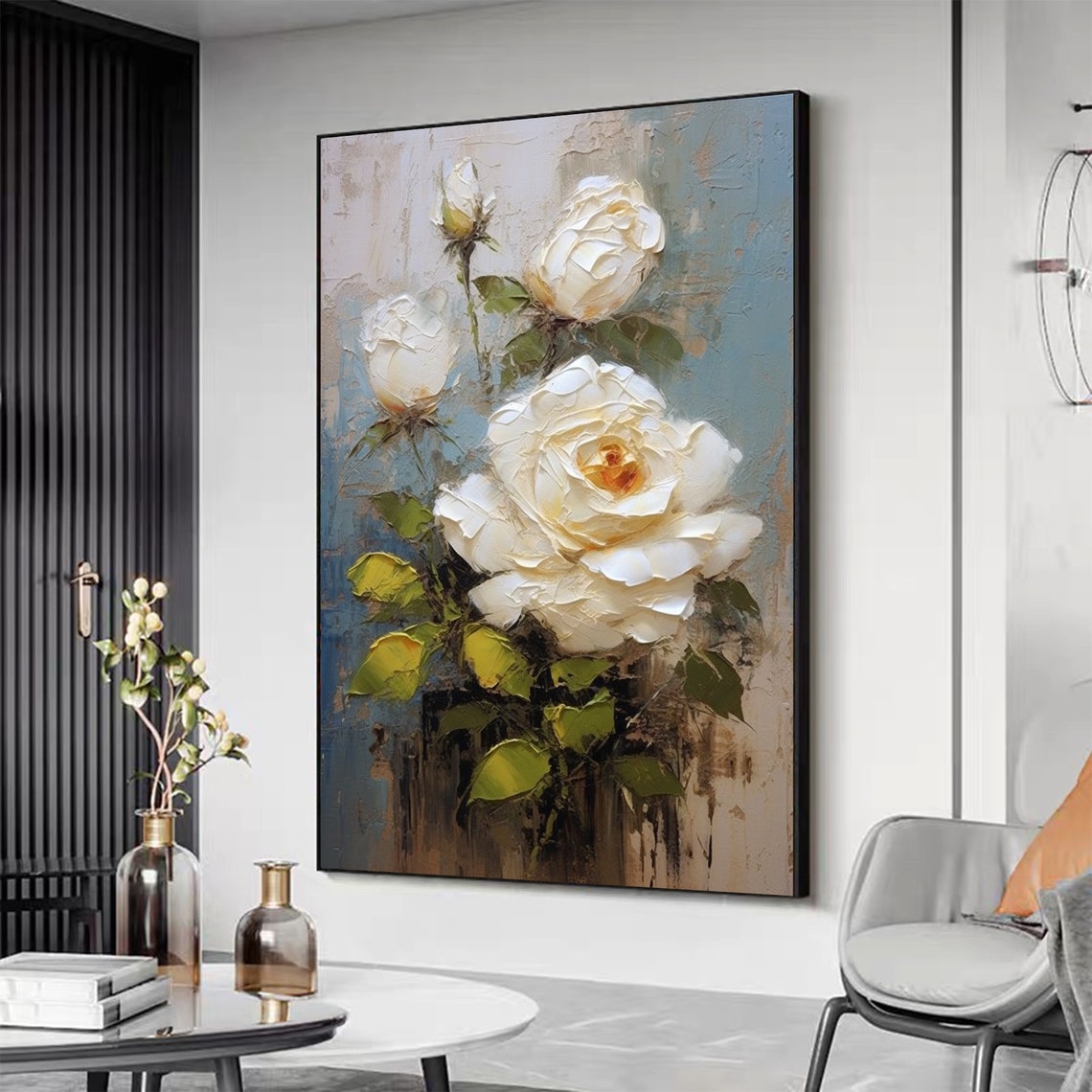 Elegant White Rose Stems Rising Over Soft Blue Grey Canvas Poster - Image 5