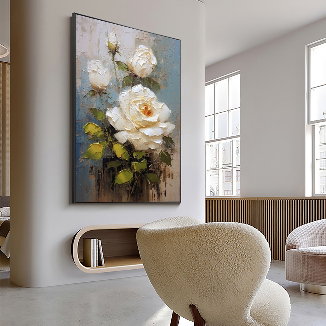 Elegant White Rose Stems Rising Over Soft Blue Grey Canvas Poster - Image 6