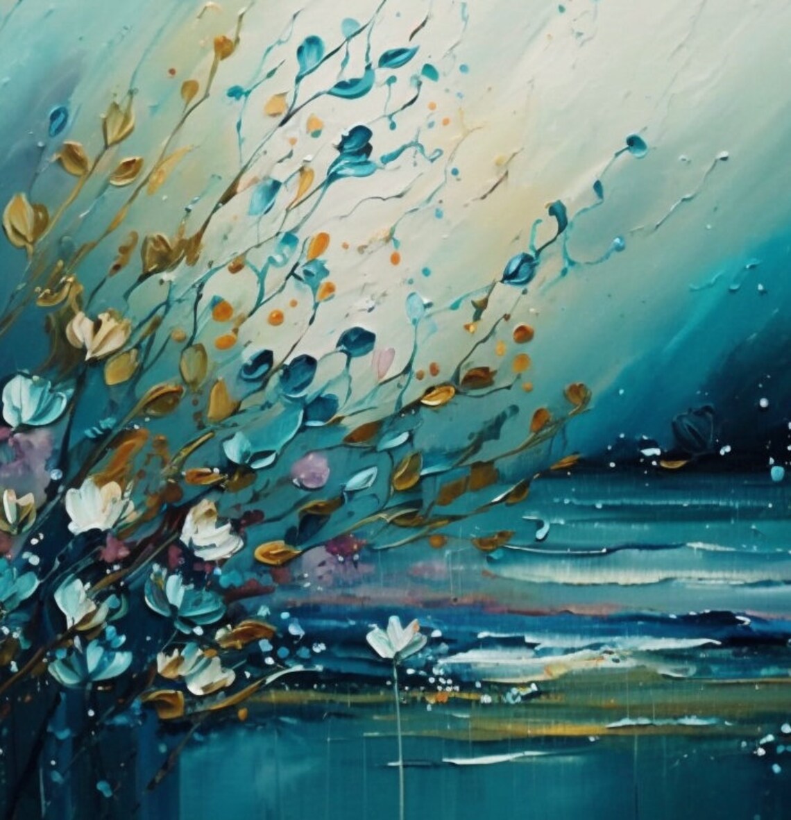 Teal Floral Seascape Gold Accent Abstract Flower Oil Painting Poster - Image 2