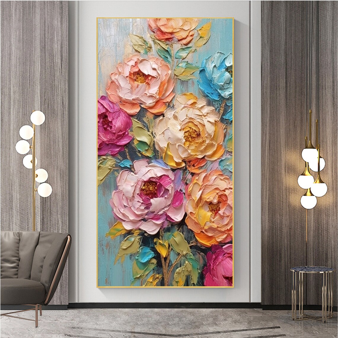 Lush Peony Bouquet Bursting in Pink and Peach on Teal Poster - Image 3