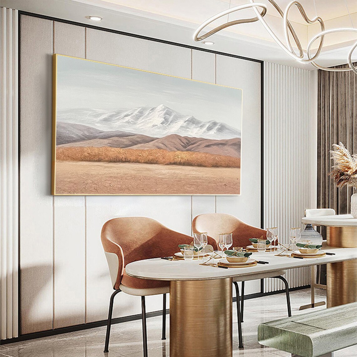 Snowy Mountains Warm Ochre Plain Minimalist Landscape Oil Poster - Image 5