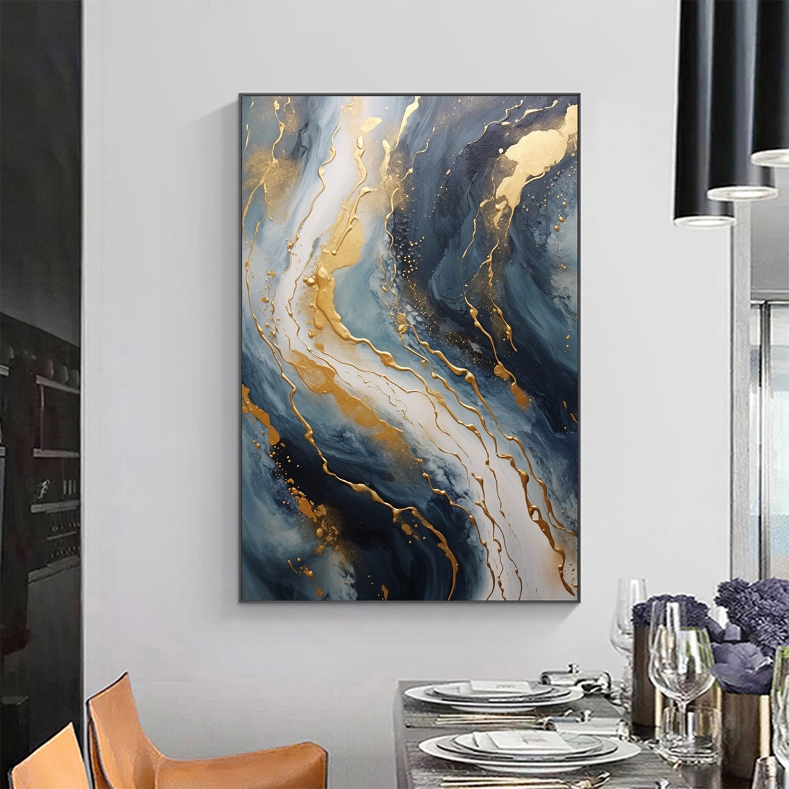 Navy Blue Marble Gold Veins Luxurious Abstract Modern Poster - Image 3