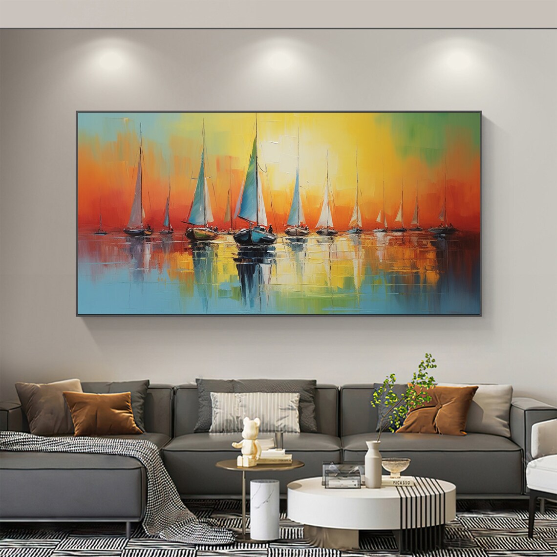 Abstract Sailboats at Sunset Orange Sky Nautical Oil Painting Poster - Image 6