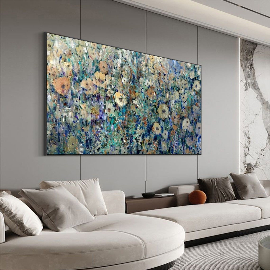 Muted Spring Wildflower Meadow Panoramic Oil Painting Art Print - Image 5
