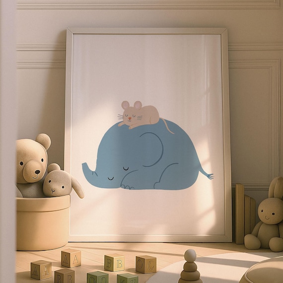 Sleeping Blue Elephant With Baby Mouse On Back Soft Nursery Art Poster