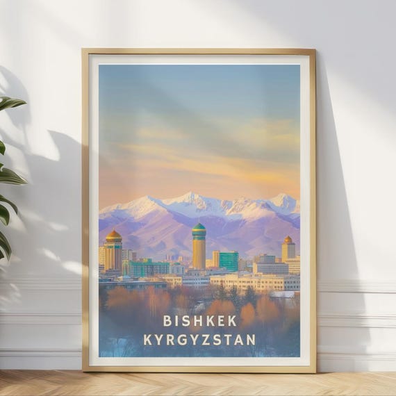 Bishkek Kyrgyzstan Poster Tien Shan Mountains Wall Art Central Asia City Print Sunset Skyline Illustration Travel Decor Urban Home