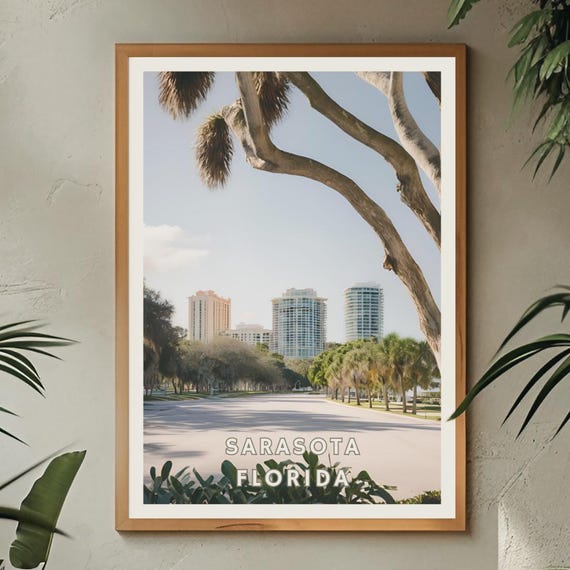 Sarasota Florida Poster Coastal Cityscape Wall Art Florida Travel Decor Sarasota Beaches And Skyline Tropical Urban Scenery Print