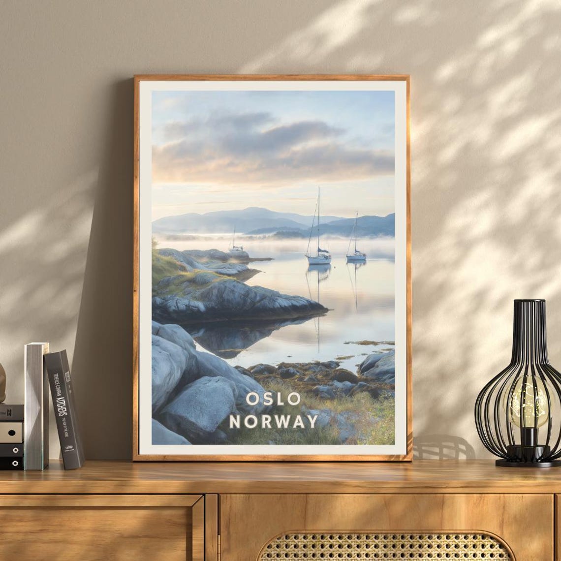 Oslo Norway Poster Scandinavian Fjord Landscape Print Nordic Travel Wall Art Misty Sailboats Decor Minimalist Coastal Norway Art - Image 3