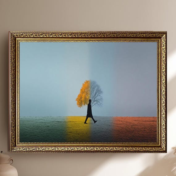 Abstract Seasons Canvas Wall Art With Walking Silhouette And Colorful Tree Modern Minimalist Nature Painting Print For Home Decor
