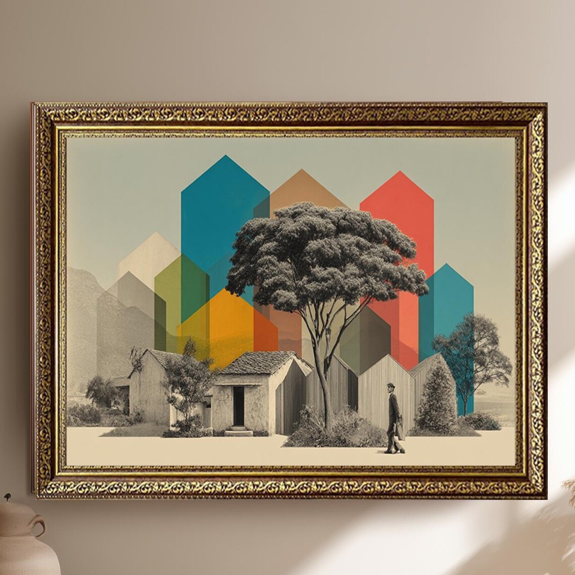 Modern Abstract Geometric Village Collage Cityscape Art Poster