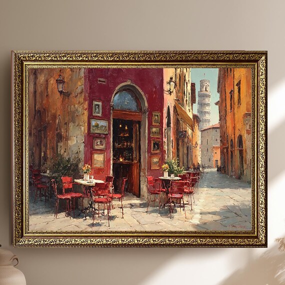 Pisa Leaning Tower Italian Street Cafe Oil Painting Canvas Wall Art