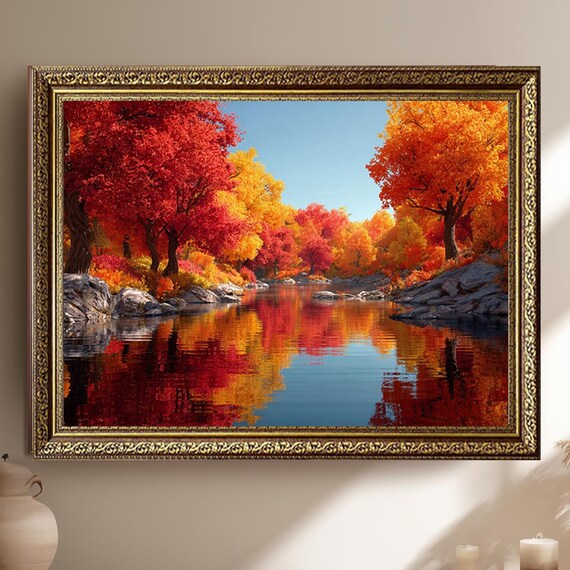 Vibrant Red Autumn River Reflections Landscape Photography Poster