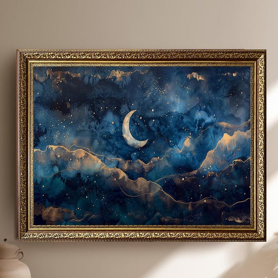Mystic Crescent Moon Canvas Wall Art With Deep Blue Sky And Gold Clouds Celestial Night Print Poster For Boho Bedroom Or Spiritual