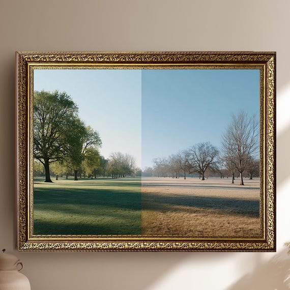 Four Seasons Landscape Canvas Wall Art With Trees In Summer And Winter Nature Contrast Painting Print For Modern Home Decor
