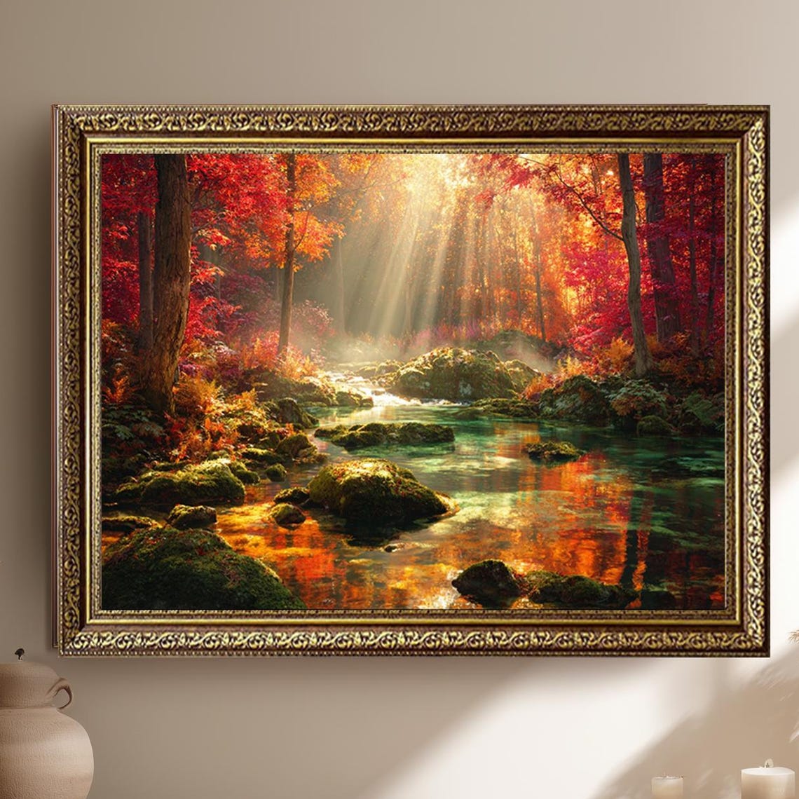 Golden Autumn Forest Stream Sun Rays Fall Landscape Photo Poster