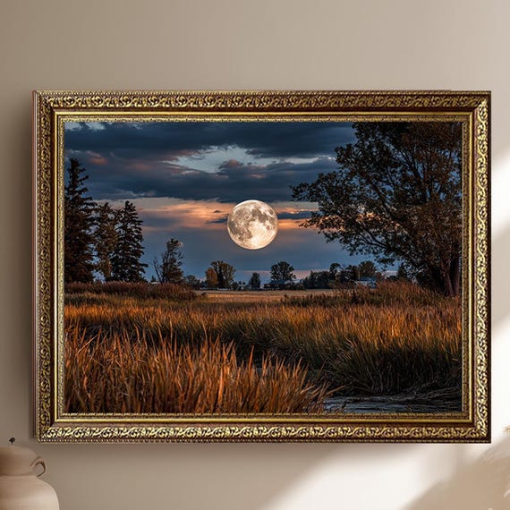 Full Moon Over Countryside Canvas Wall Art Golden Field And Trees Under Dramatic Evening Sky Rural Landscape Decor
