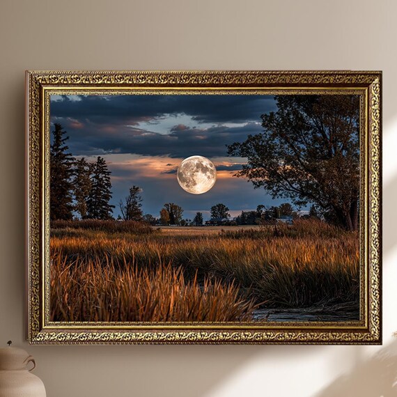 Full Moon Over Golden Countryside Field Trees Dramatic Sky Poster
