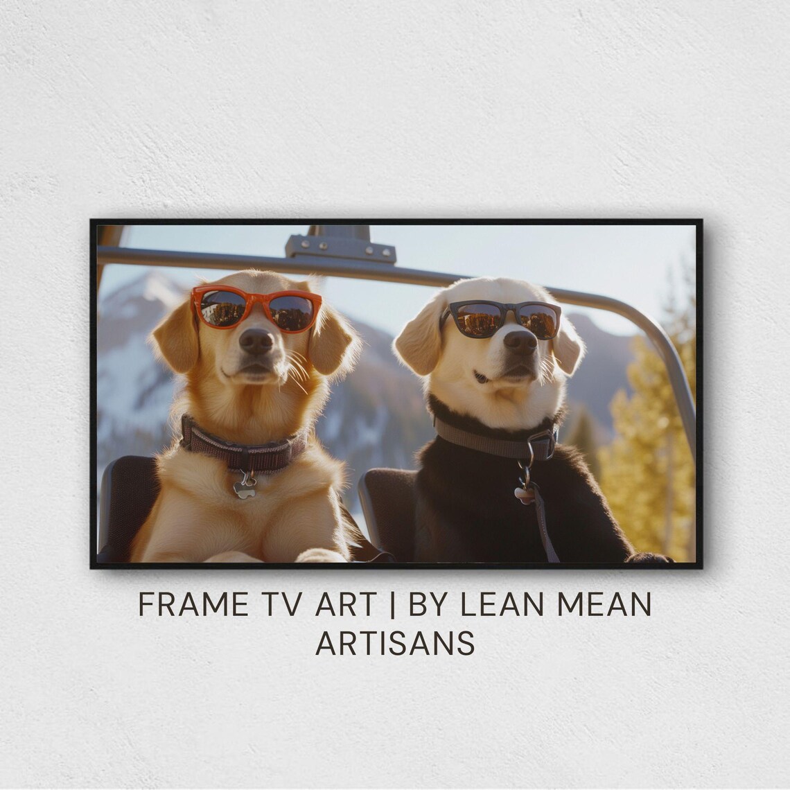 Two Labrador Dogs Wearing Sunglasses Chairlift Mountain Sunset Poster