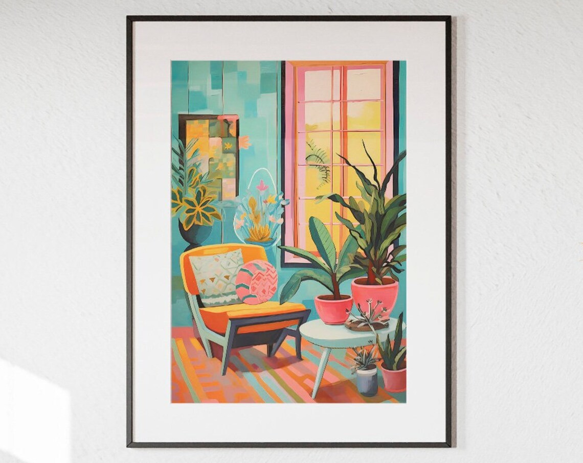 Colorful Mid Century Modern Interior Armchair Plants Art Poster