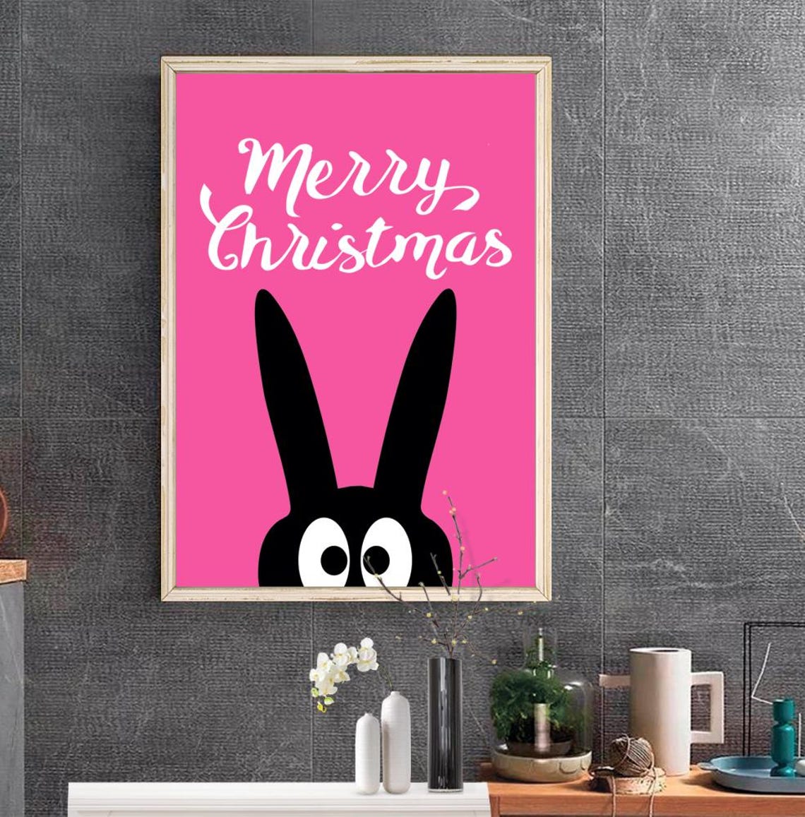 Merry Christmas Pink Funny Peeking Bunny Script Holiday Print - Image 2