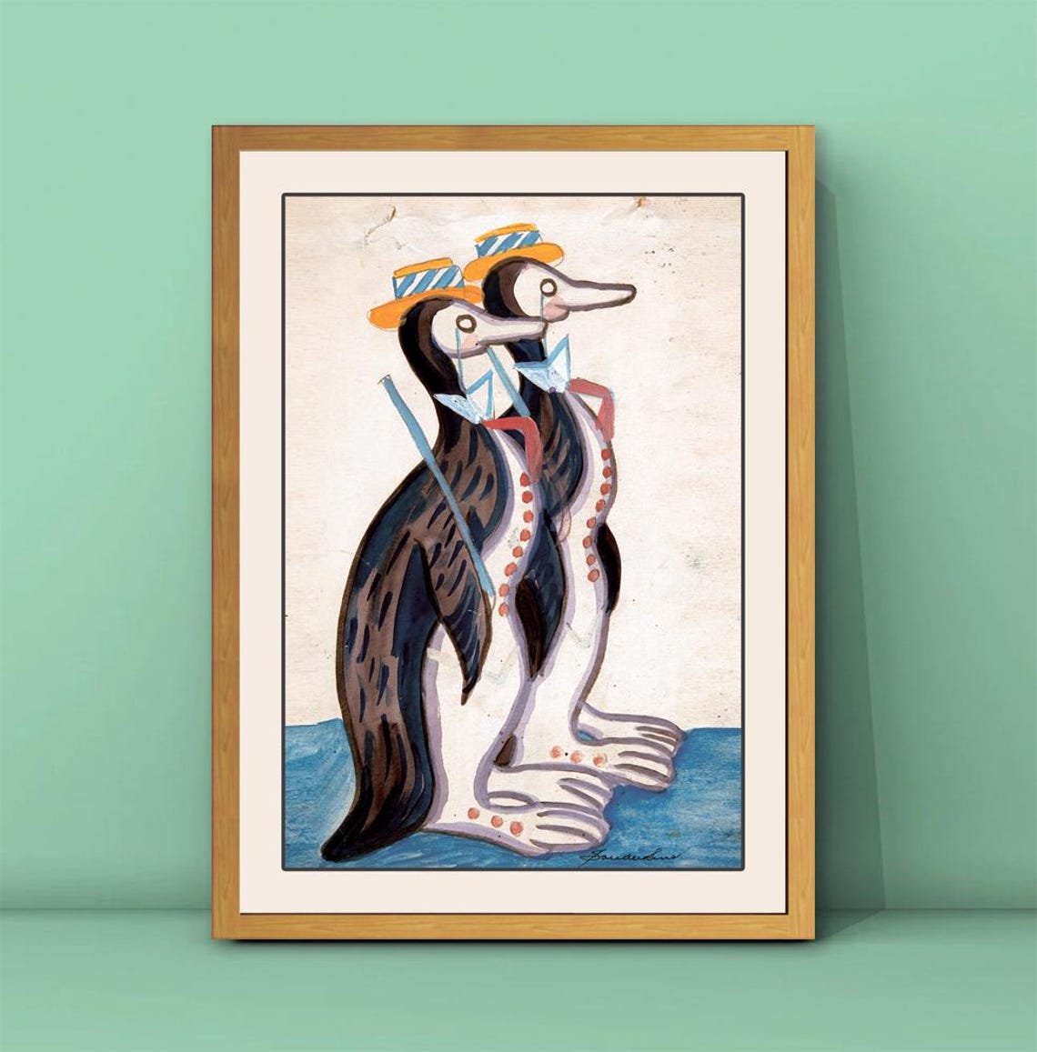 Two Dapper Penguins In Straw Hats Folk Art Animal Illustration Poster