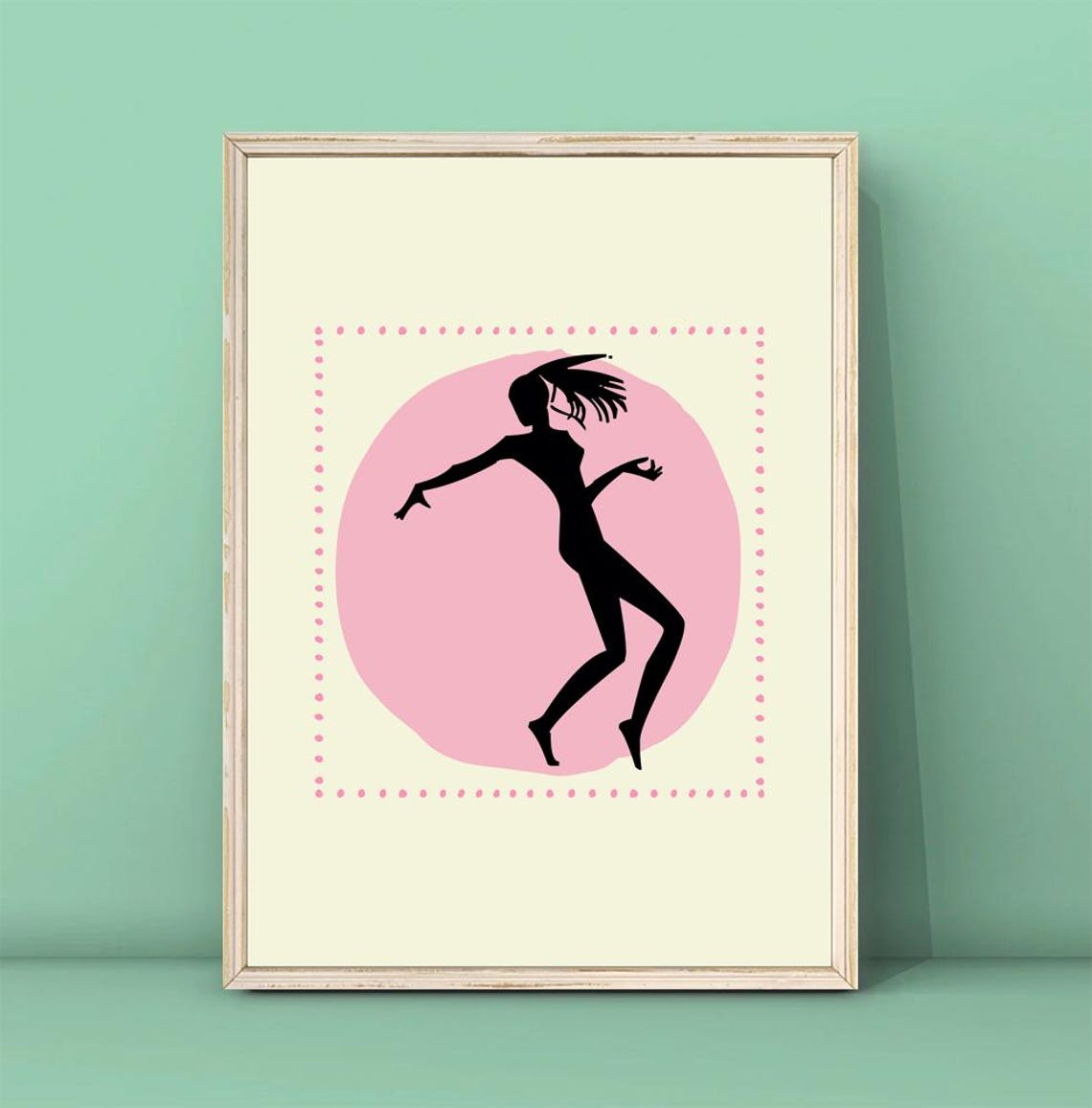 Dancing Woman Silhouette Pink Circle Boho Art Decor Joyful Poster