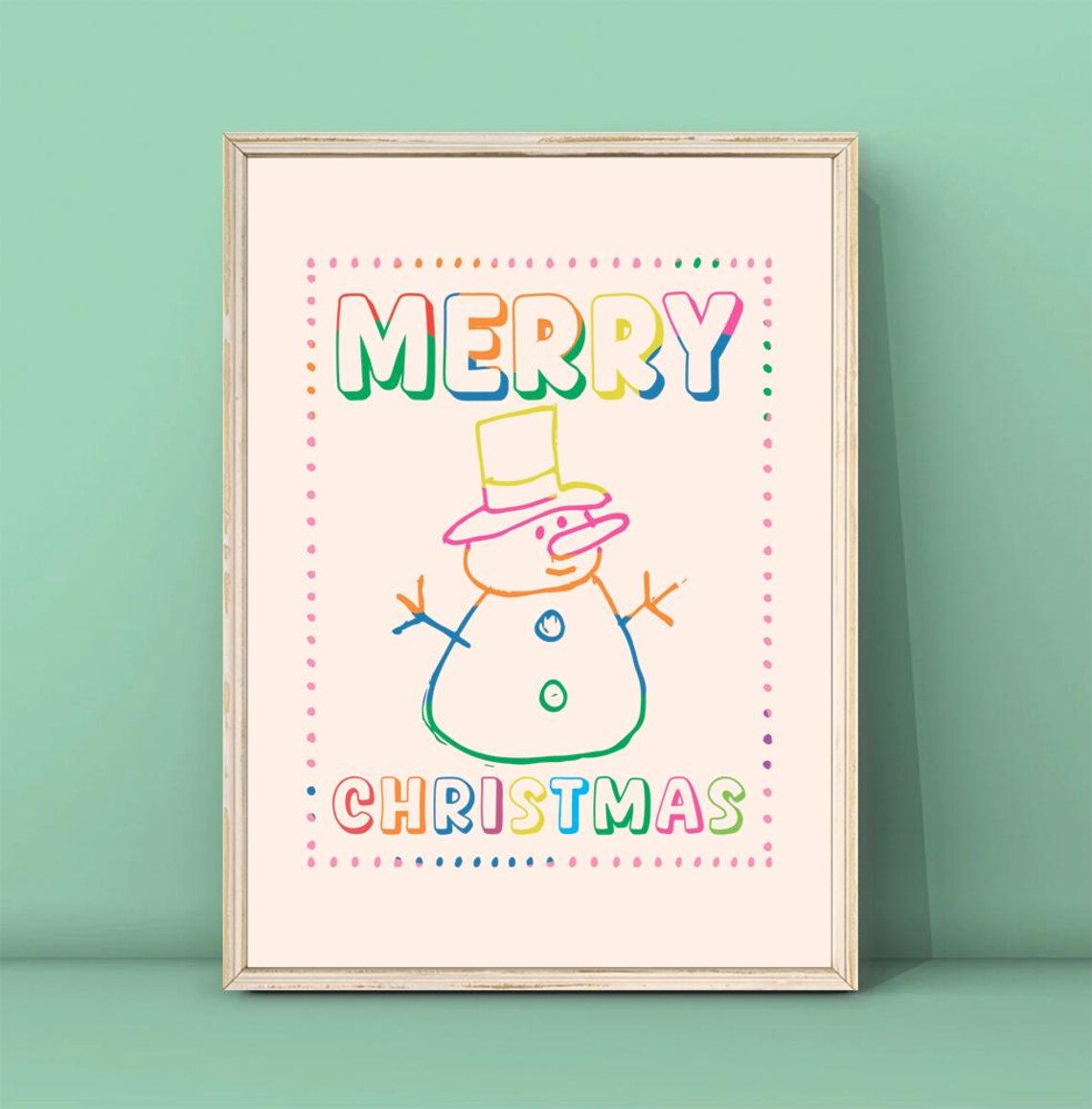 Hand Drawn Rainbow Merry Christmas Snowman Festive Holiday Art Poster - Image 4