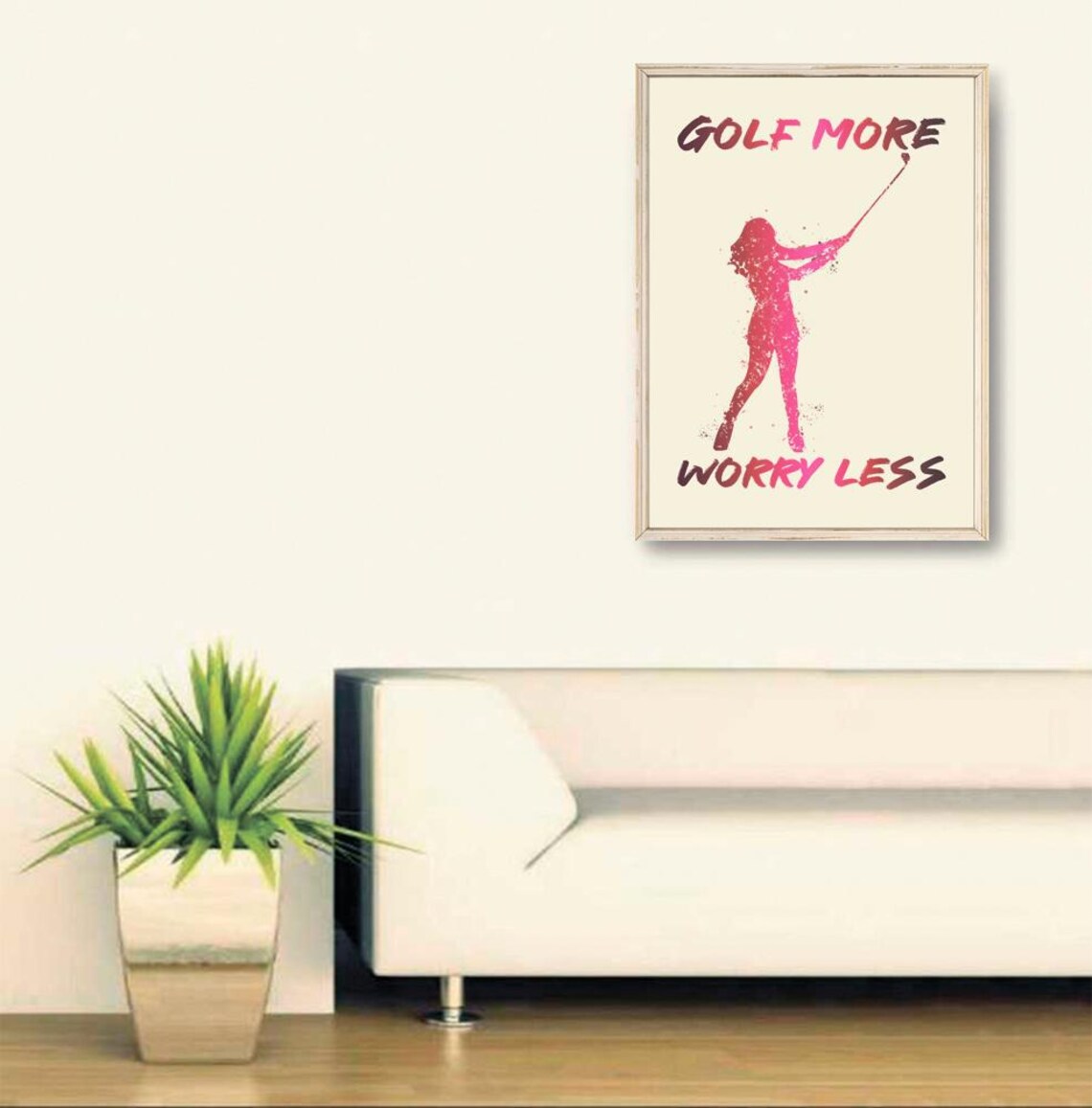 Golf More Worry Less Pink Golfer Lady Swing Watercolor Quote Poster - Image 2
