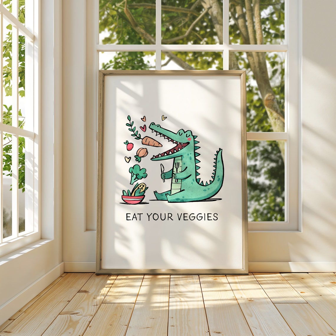 Eat Your Veggies Cute Crocodile Cartoon Kids Kitchen Decor Poster - Image 3